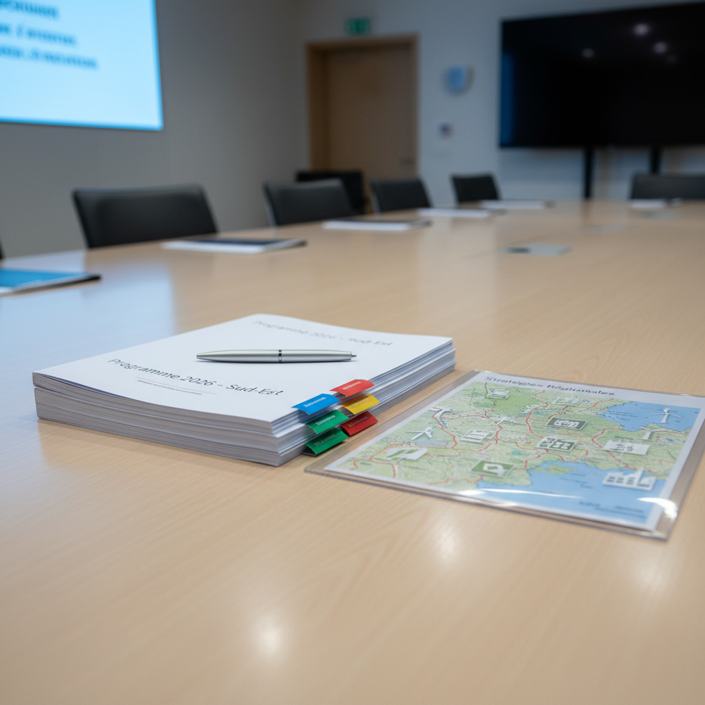 A close-up of a polished conference table made of light ash wood, covered with neatly arranged election briefing materials for the South-East region. There are stacked white dossiers with a minimalist title “Programme 2026 – Sud-Est,” color-coded tabs for different policy areas, and a clear acrylic folder displaying a printed regional map overlaid with transparent policy icons. A slim, silver pen rests diagonally across the top dossier. Cool, even overhead lighting produces soft reflections on the acrylic and pen, while leaving the printed text crisp and readable. Captured at an eye-level side angle with photographic realism and moderate depth of field, the composition emphasizes order, seriousness, and methodical preparation for regional elections without any human presence.
